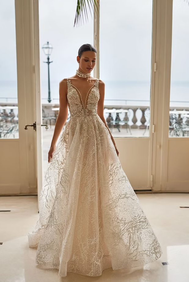 Kalvina 3340 A-Line Wedding Dress – Embroidered V-Neck Corset & Textured Gloss Skirt with Train (Copy)